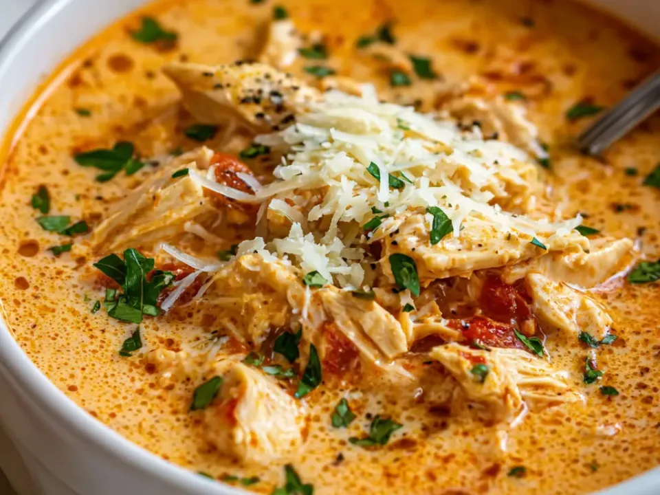 Bowl of creamy chicken parmesan soup with shredded chicken and grated Parmesan