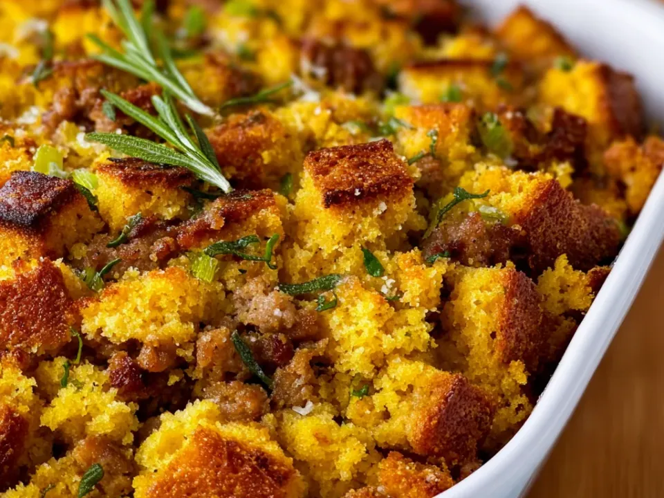 Baking dish of cornbread stuffing with browned sausage crumbles, celery and onion, topped with parsley