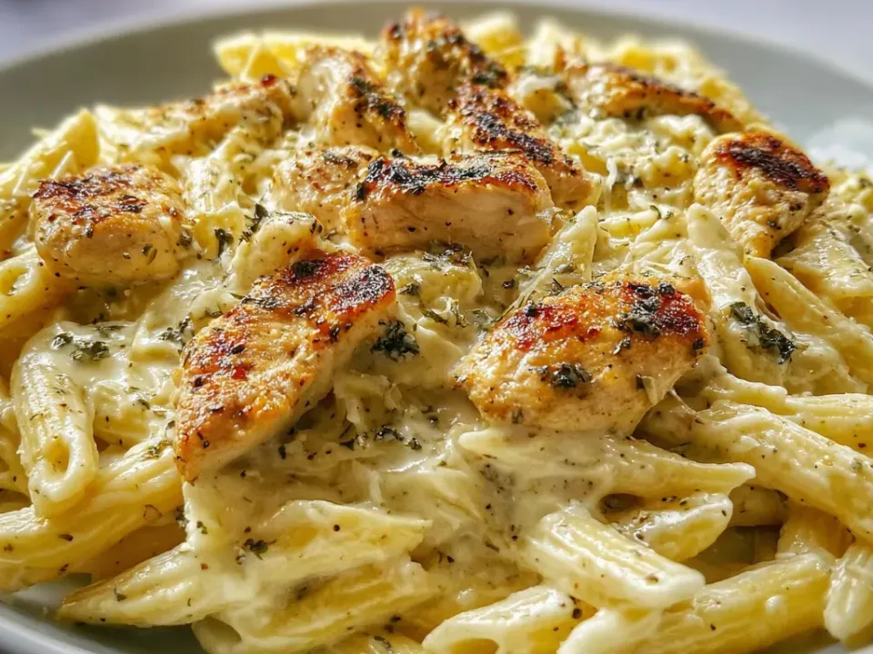 Penne in a thick pale garlic Parmesan sauce flecked with dried herbs, topped with sliced seared chicken breast strips with browned edges