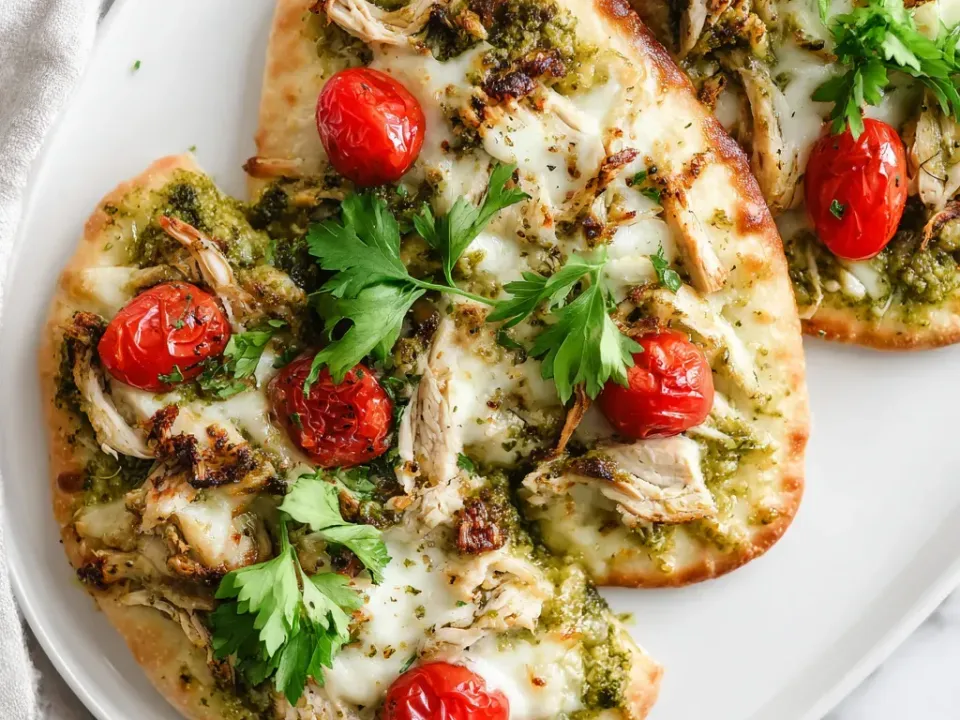 Oval naan-style flatbreads on a white plate spread with coarse green pesto, topped with shredded chicken, melted white cheese, blistered whole cherry tomatoes and parsley