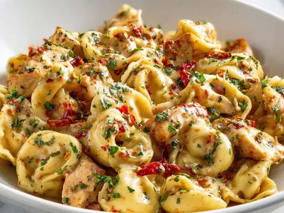 Cheese tortellini with seared golden chicken chunks in a light Cajun-tinted cream sauce with dark red sun-dried tomato, red chilli flakes and chopped parsley in a white bowl