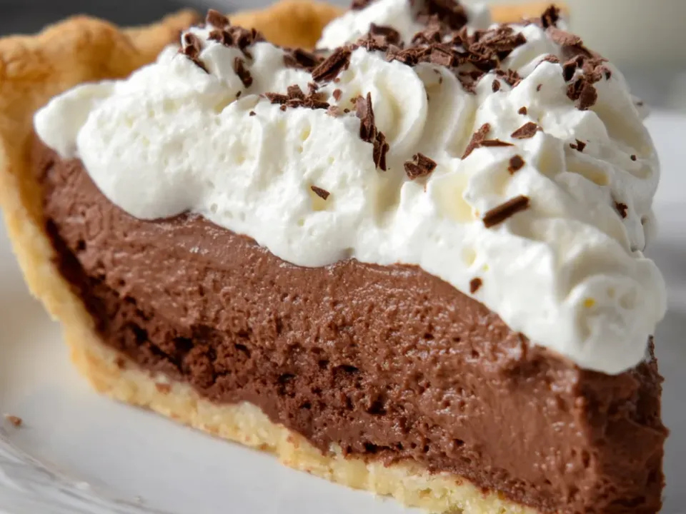 A slice of pie with a flaky golden pastry crust, a dense smooth chocolate filling and a tall layer of whipped cream with chocolate shavings