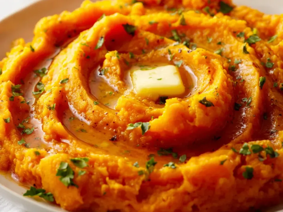 Bowl of mashed sweet potatoes with butter melting on top and chopped herbs
