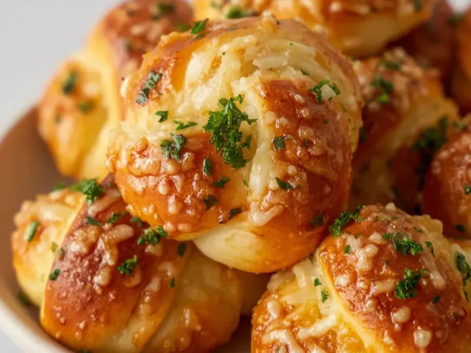 Glossy golden-brown bread knots brushed with garlic butter and covered in grated Parmesan and chopped parsley in a pale bowl