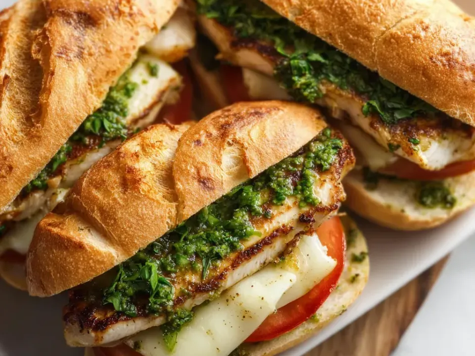 Crusty white bakery rolls holding griddled chicken slices with char marks over a thick coarse green pesto layer with fresh mozzarella and sliced tomato