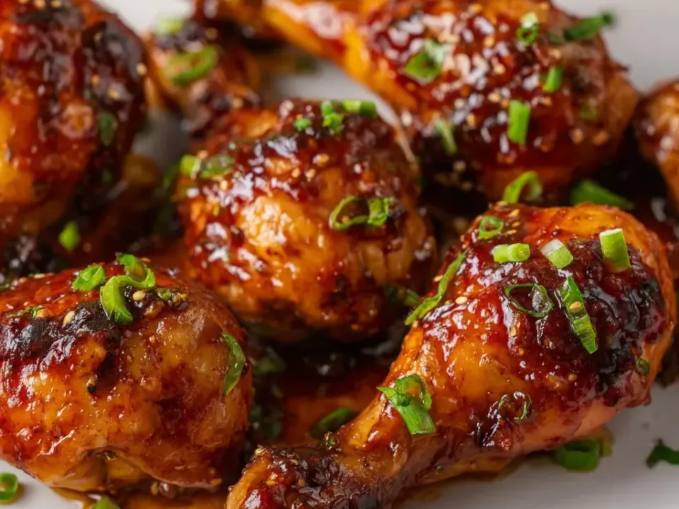 Chicken drumsticks lacquered in a dark glossy red-brown glaze with sesame specks, scattered with sliced green onion, on a pale plate with glaze pooling underneath