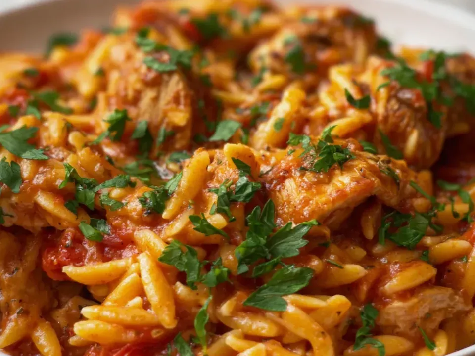 Orzo in a thick orange-red tomato sauce with shredded and chunked chicken through it in a white bowl, heavily scattered with chopped flat-leaf parsley