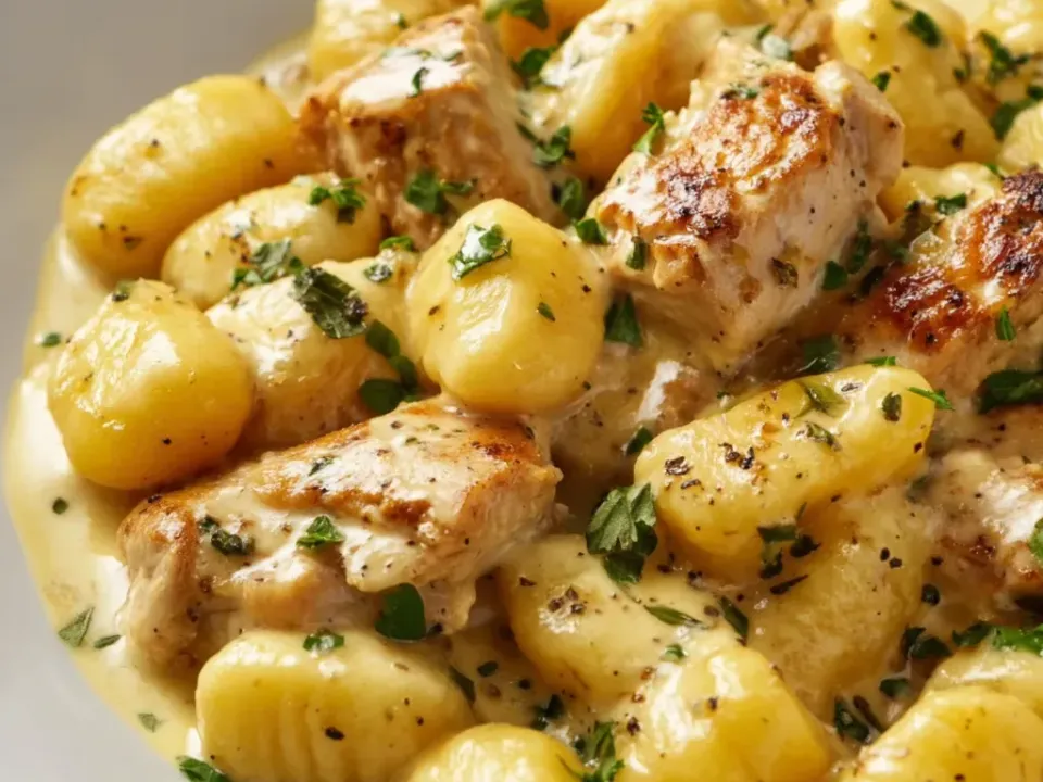 Browned chicken pieces and plump golden gnocchi in a pale ivory cream sauce, scattered with chopped parsley and cracked pepper in a white bowl
