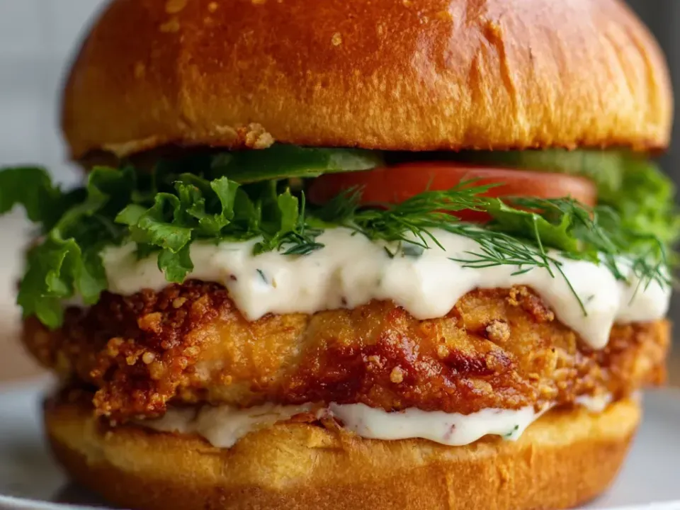 A tall burger on a toasted brioche bun with a crumb-coated fried chicken cutlet, white herb mayonnaise, fresh dill, green leaf lettuce and tomato slices