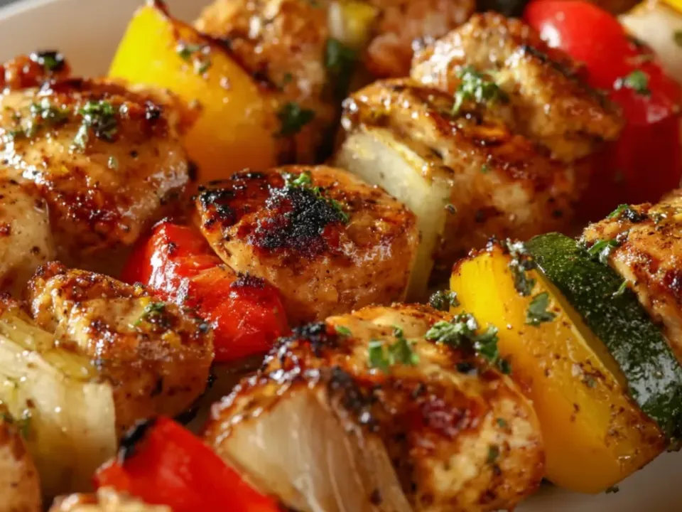 Skewers of browned chicken chunks with dark charred edges threaded alternately with red and yellow bell pepper, white onion and green zucchini, glossy with juices and parsley