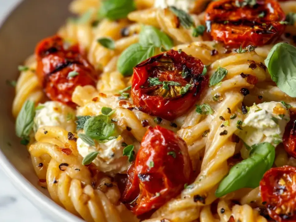 Twisted short pasta in a light creamy sauce with halved blistered roasted cherry tomatoes, white ricotta dollops, torn basil, red chilli flakes and black pepper in a white bowl