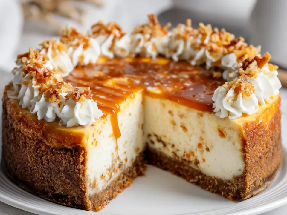 A round cheesecake with a slice removed, showing a pale filling flecked with orange carrot over a darker spice-cake layer, topped with caramel, whipped cream rosettes and chopped nuts
