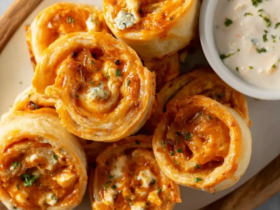 Rolled tortilla pinwheels sliced into spirals on a wooden board, filled with orange buffalo chicken and blue cheese crumbles, with ranch dip alongside