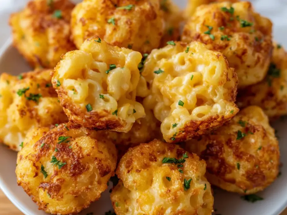 Round baked mac and cheese bites with deeply browned crisp edges piled on a white plate, elbow macaroni visible in the set cheese, scattered with chopped chives