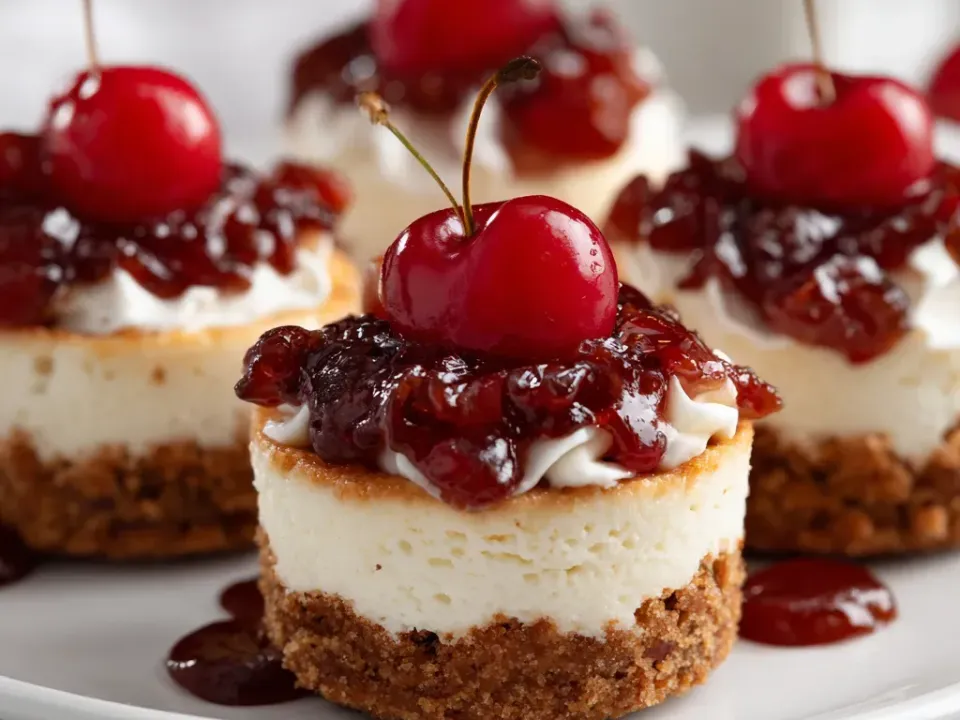 Small round individual cheesecakes on thick golden pressed crumb bases, each topped with dark red glossy cherry compote, a swirl of white piped cream and a whole stem-on cherry