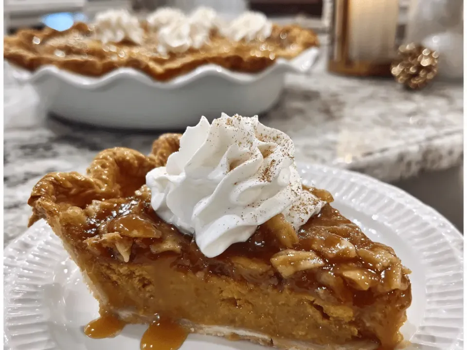Pumpkin pie crisp in a glass baking dish with a golden oat topping