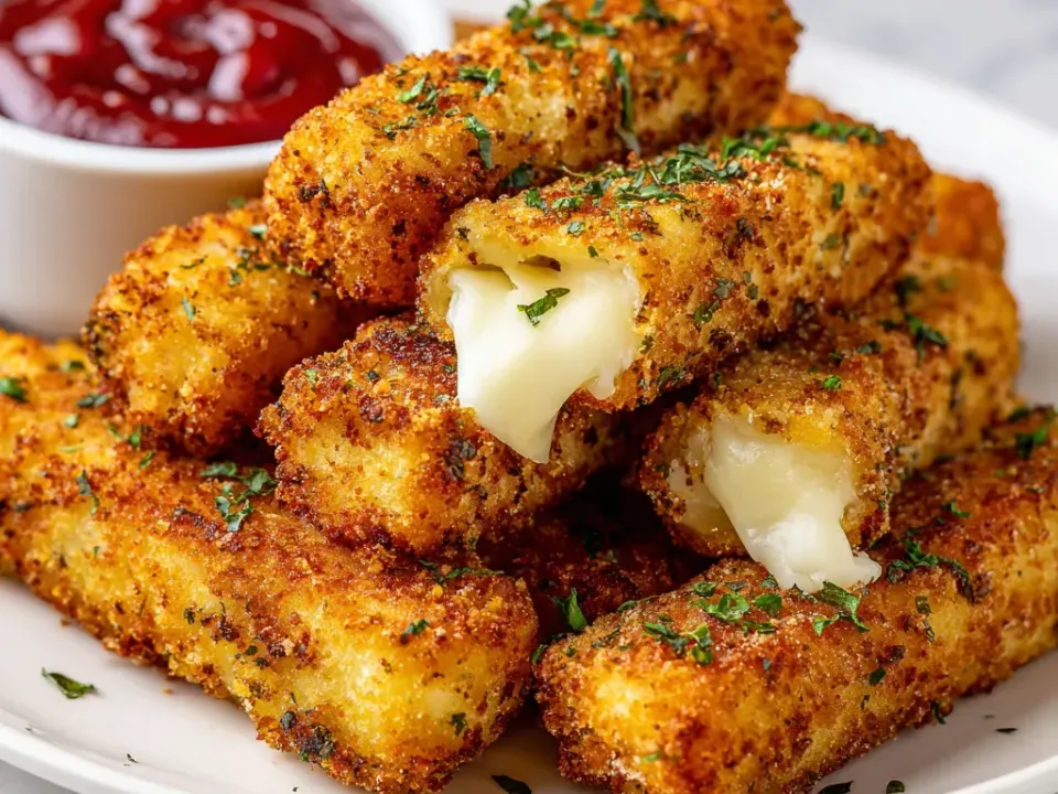 A stack of golden crumb-coated mozzarella sticks flecked with herbs, two broken open to show stretchy white cheese, with a small bowl of red marinara