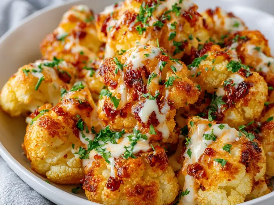 Roasted cauliflower florets with a browned crisp coating in a white bowl, drizzled with a pale creamy white sauce and scattered with dark red chilli pieces and chopped parsley