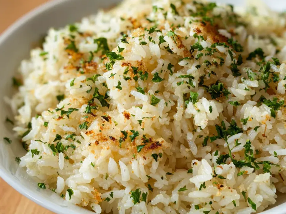 A white bowl of fluffy long-grain white rice flecked with toasted golden garlic and chopped parsley on a wooden table