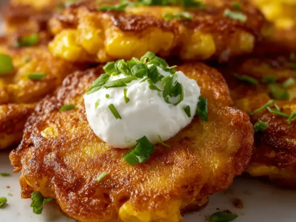 Thick irregular deep-fried corn fritters, deeply golden and craggy with whole corn kernels visible through the crust, topped with thick whipped feta and scattered with sliced green onion