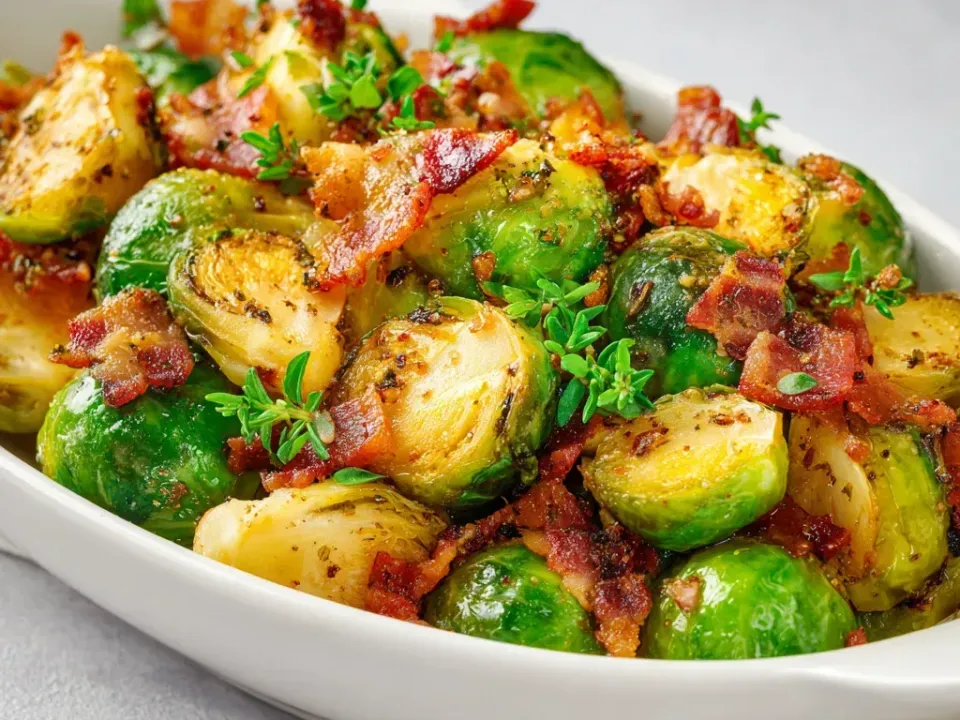 Halved Brussels sprouts browned on their cut faces and still bright green, tossed with pieces of crisp bacon and thyme sprigs in a white oval dish