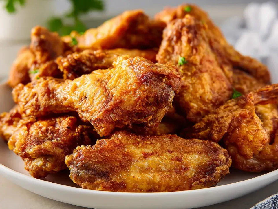Deeply browned, crisp-skinned baked chicken wings piled in a bowl, no sauce or breading