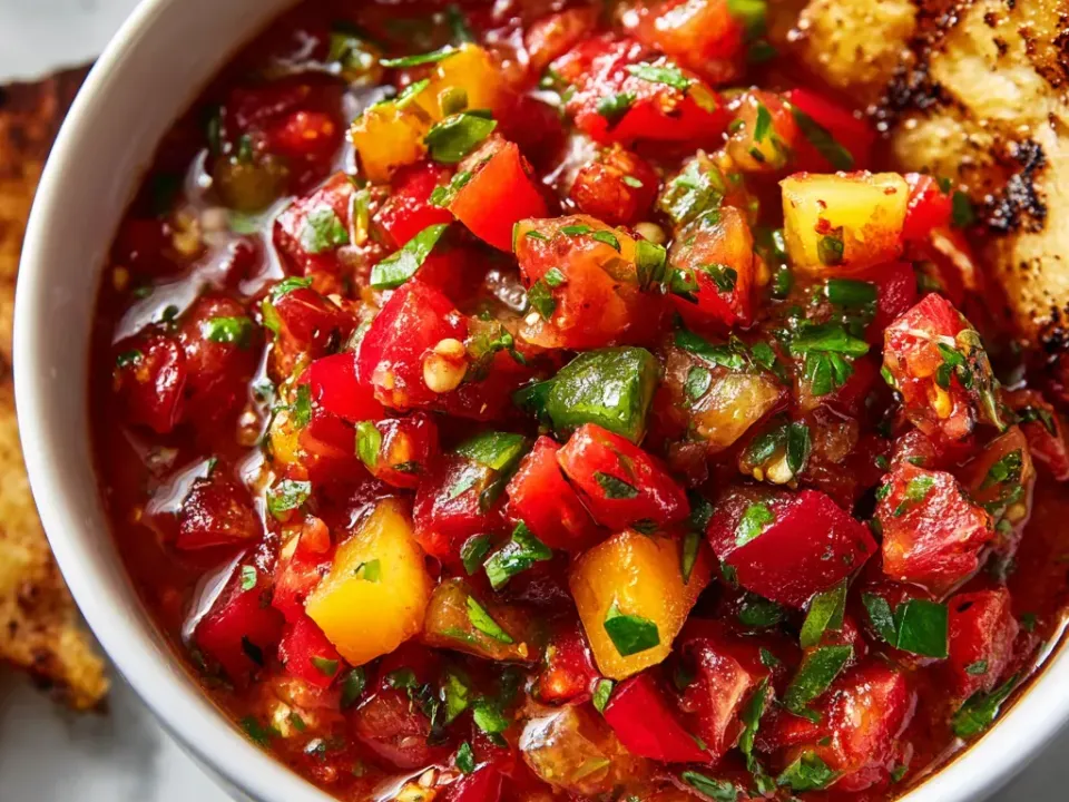 A white bowl of chunky wet salsa with diced red tomato, yellow and orange bell pepper, green jalapeño, onion and chopped cilantro in its juice, with charred toasted bread alongside