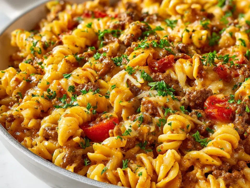 Rotini in an orange-red sauce with ground beef, melted cheddar, diced tomato and parsley in a cream skillet