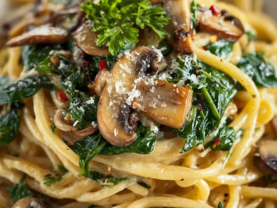 Spaghetti in a thin pale cream sauce with browned sliced mushrooms and wilted spinach, finished with grated Parmesan, red pepper flakes and parsley