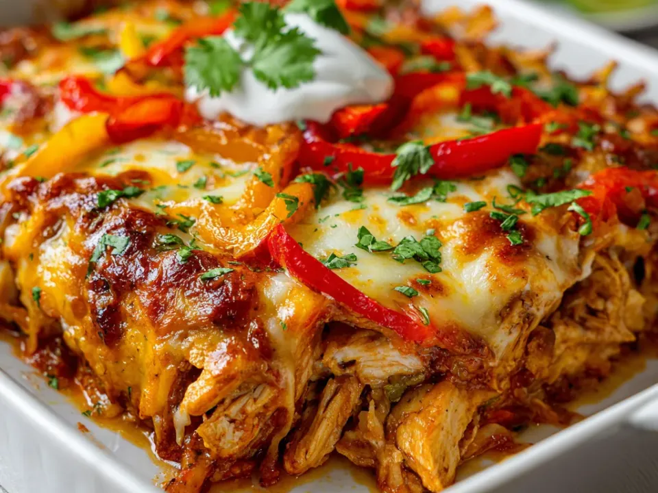A white baking dish of shredded chicken in red fajita sauce with red, yellow and orange pepper strips under melted browned cheese, topped with sour cream and cilantro