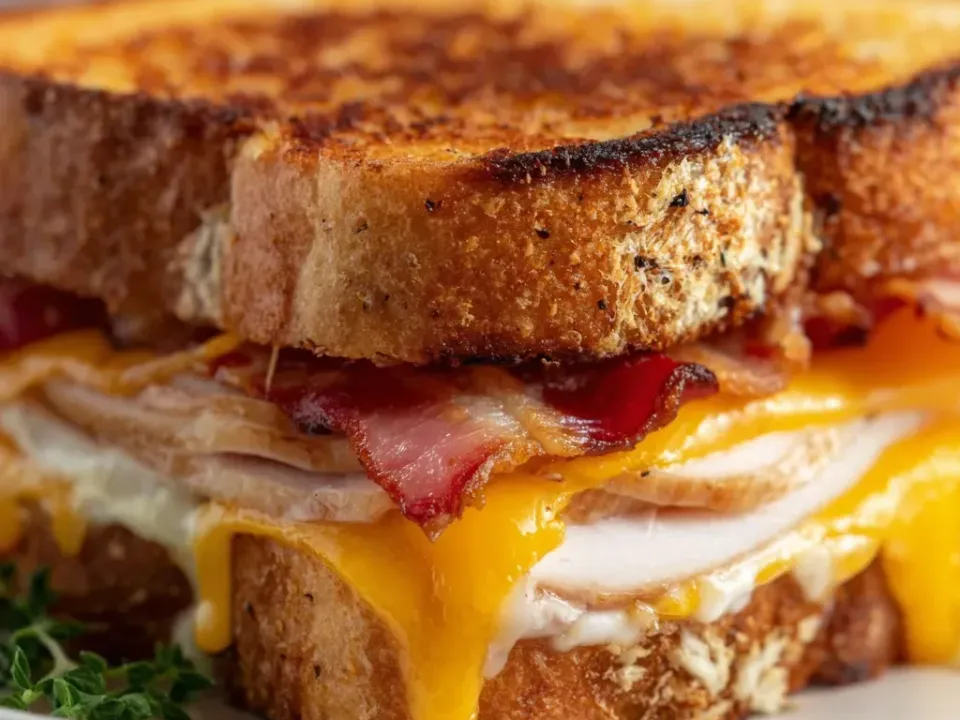 A griddled sandwich cut and stacked on thick rustic white bread with deeply golden faces, filled with sliced roast turkey, crisp bacon and melted orange cheddar