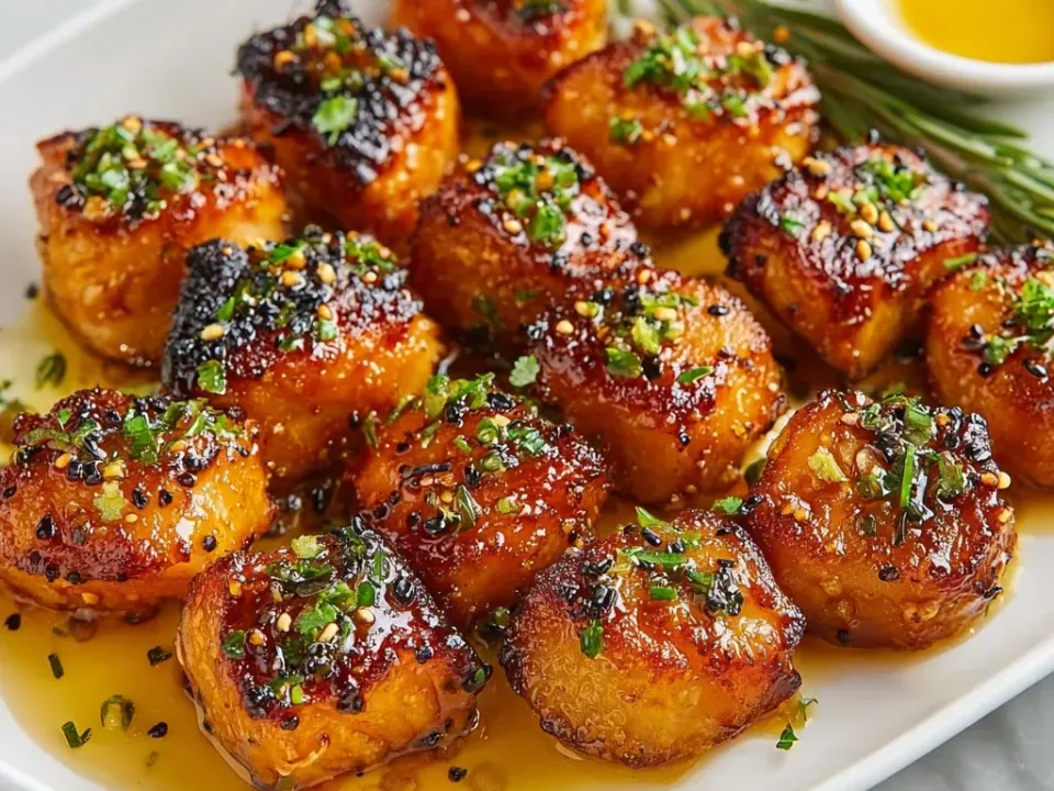 Salmon cubes with dark caramelised and part-charred glazed surfaces in a pooled amber glaze, scattered with chopped green herb, sesame and chilli, with a small dish of glaze behind