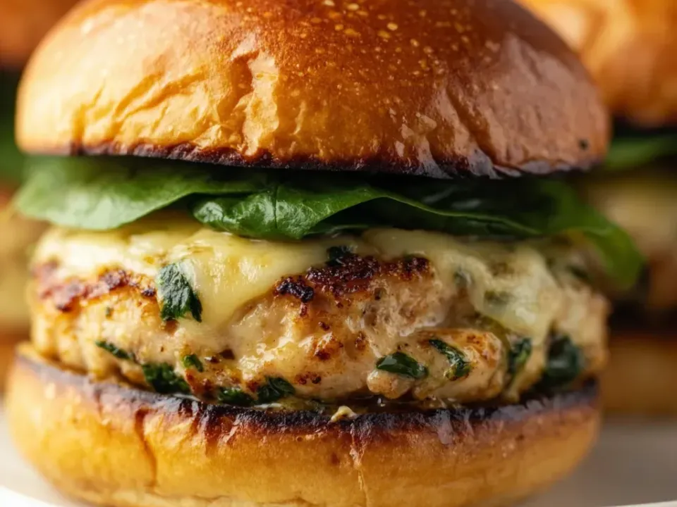 A ground chicken patty flecked with spinach under melted white cheddar and fresh spinach leaves in a glossy toasted brioche bun on a white plate
