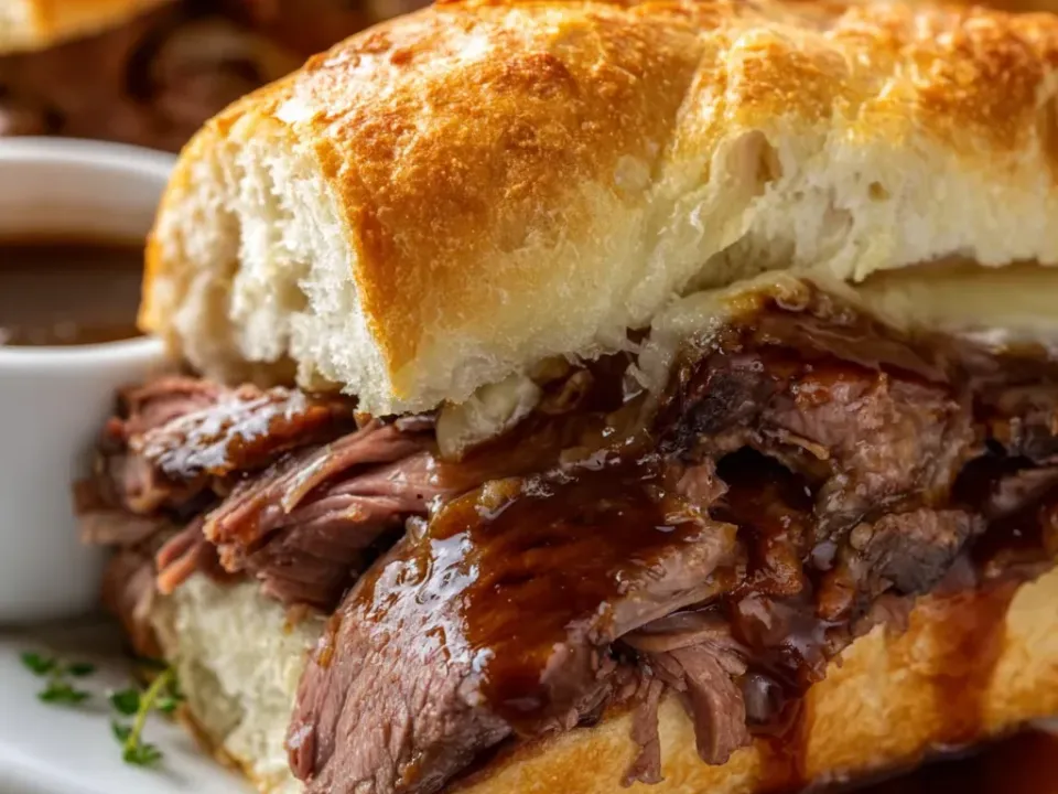 A crusty split roll on a white plate piled with shredded braised beef in dark jus, with a ramekin of au jus alongside for dipping