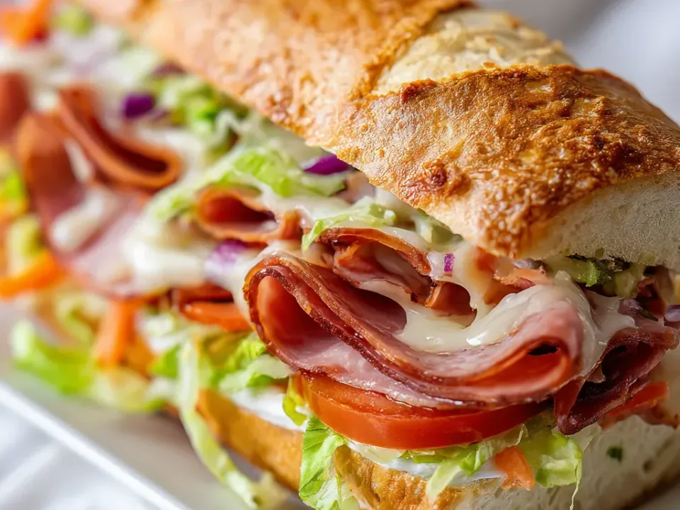A toasted crusty sub roll filled with folded salami, ham and capicola under melted provolone, with shredded lettuce, tomato slices, red onion, shredded carrot and creamy dressing