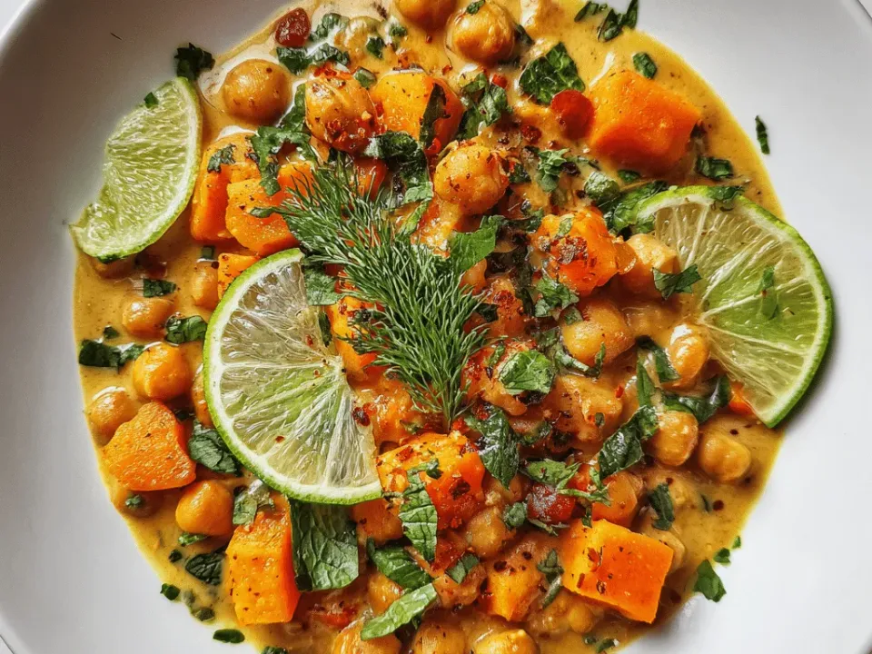 Bowl of orange pumpkin and coconut curry with chickpeas and wilted spinach, with lime alongside