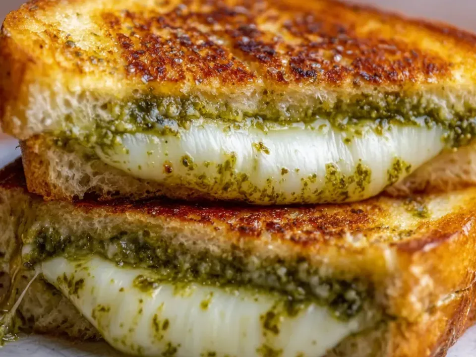 Two stacked halves of a griddled thick white bread sandwich, deep golden with green flecks, filled with a thick pesto layer and a wide slab of melted white cheese