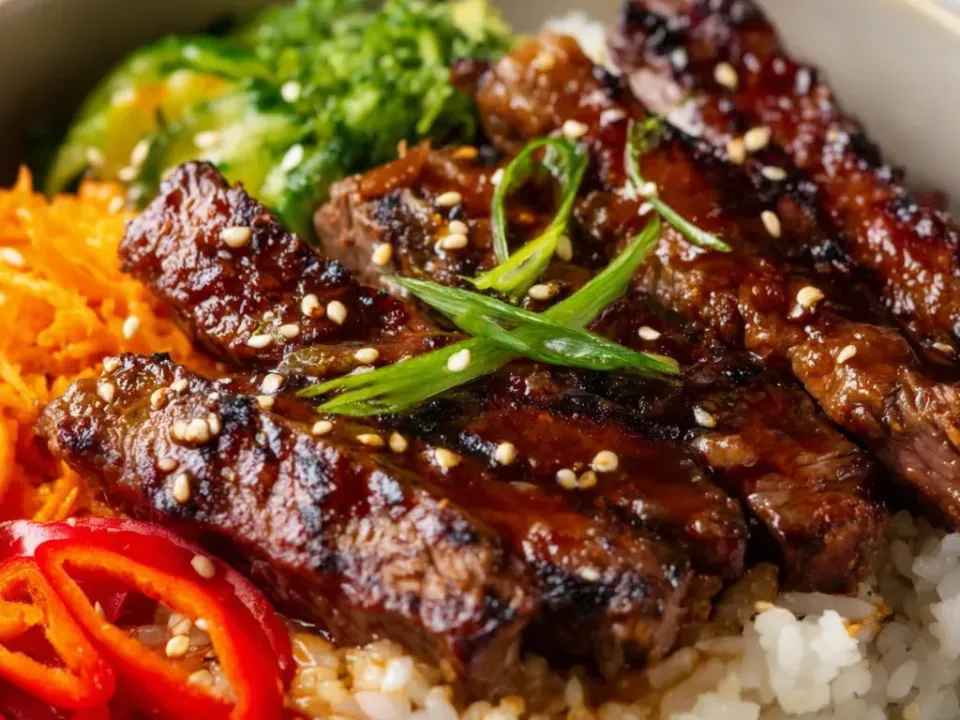 Sliced dark-glazed and charred steak strips over white rice in a grey bowl with sesame seeds, spring onion, steamed broccoli, shredded carrot and red chilli