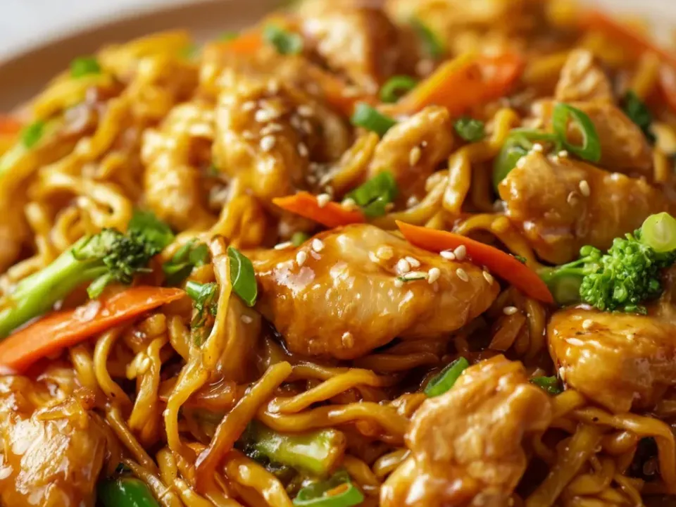 A bowl of glossy brown-sauced egg noodles with seared chicken, broccoli florets, julienned carrot, green onion and sesame seeds