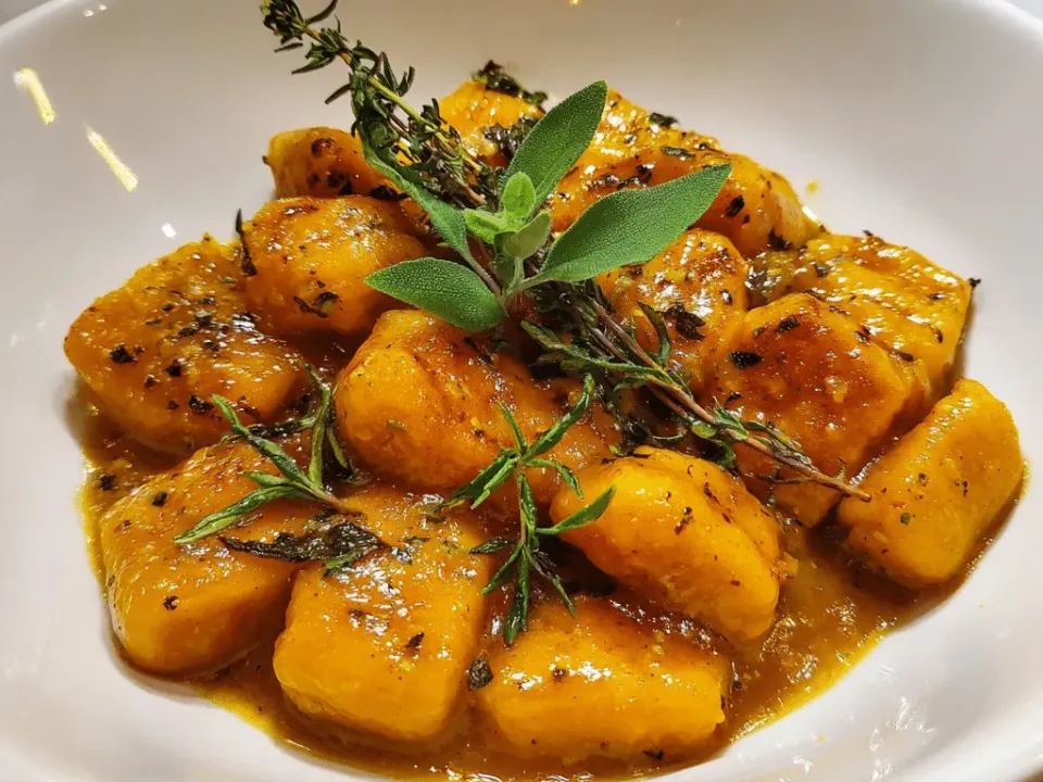 Baking dish of potato gnocchi in a creamy orange pumpkin sauce under browned melted mozzarella and Parmesan