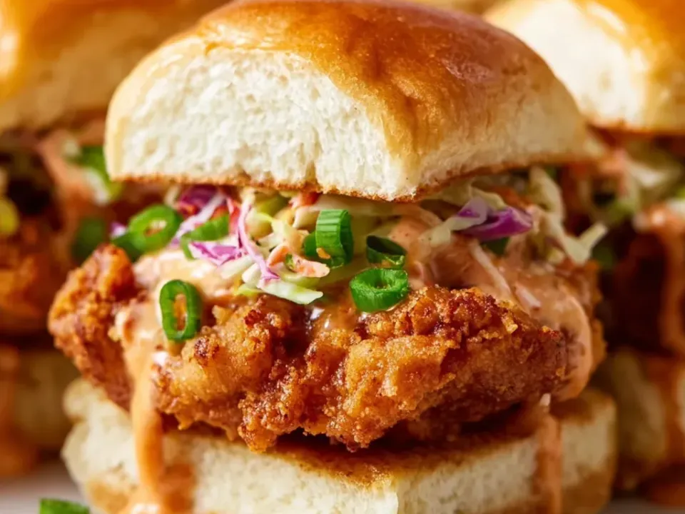 Golden slider rolls filled with thick craggy fried breaded chicken, a drizzle of creamy pink-orange sauce, red and green cabbage slaw and sliced green onion