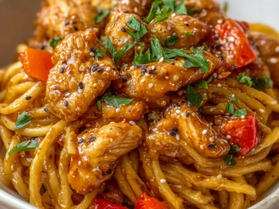 Long noodles in a dark honey-soy glaze with chicken pieces, red bell pepper chunks, sesame seeds and parsley in a white bowl