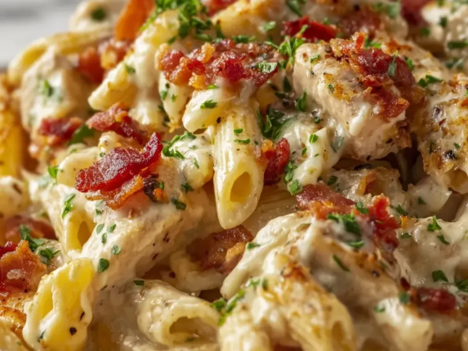 Penne and chunks of chicken in a thick pale ivory cream sauce, heavily scattered with crisp red-brown bacon pieces and chopped parsley in a white bowl