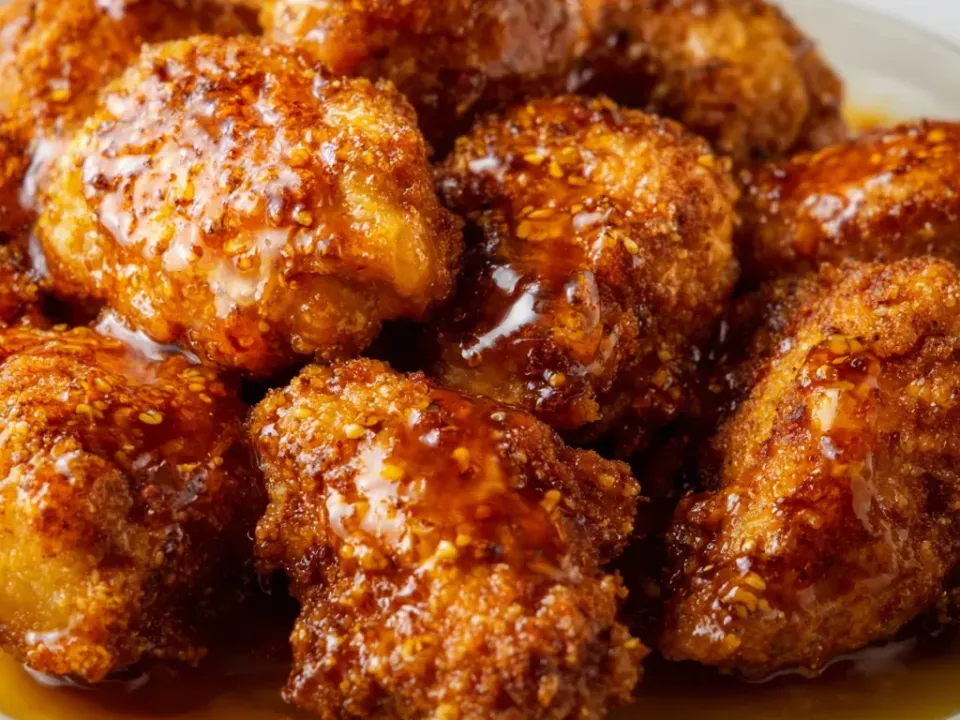 Bite-size chicken pieces in a thick craggy crisp baked coating, glazed in glossy amber hot honey with red chilli flakes pooling on a pale plate