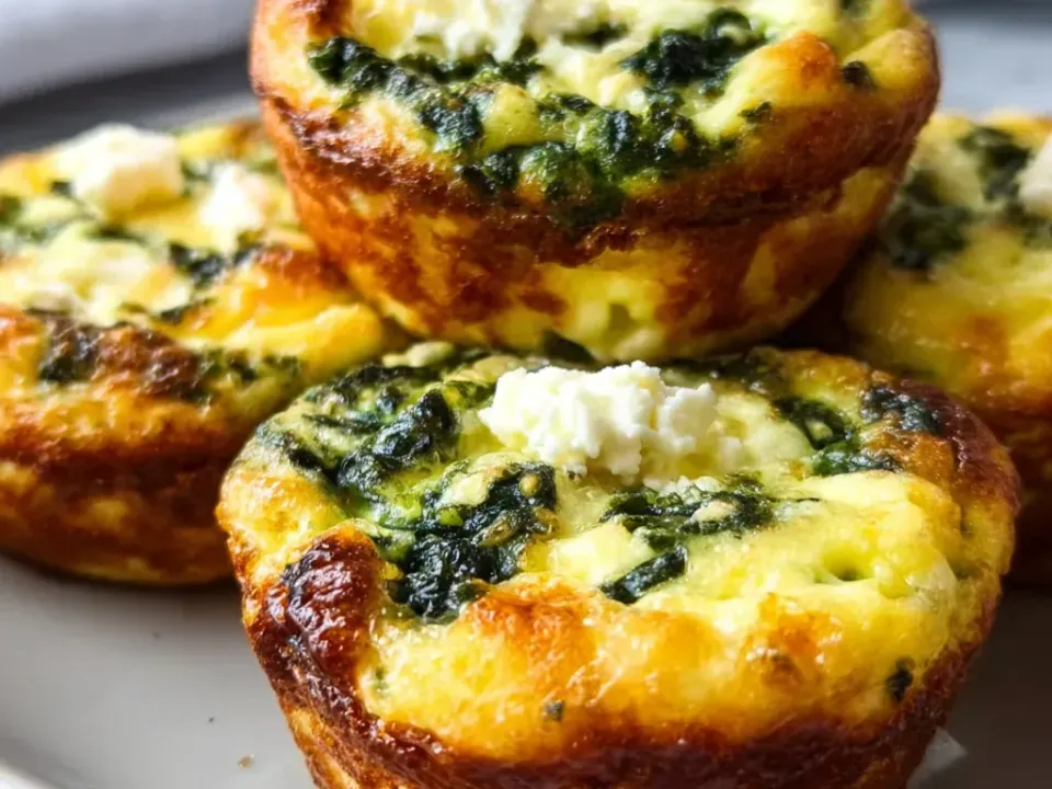 Golden-brown baked egg muffins stacked on a white plate, each with dark green spinach through the set yellow egg and crumbled white feta on top