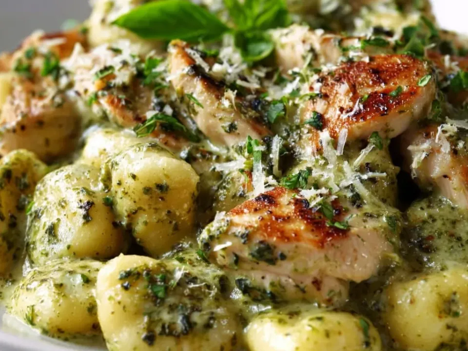 Gnocchi in a green pesto cream on a grey plate with charred sliced chicken, grated Parmesan and fresh basil leaves