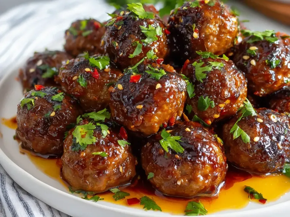 Round browned meatballs under a dark glossy red-brown glaze on a white plate, with sesame seeds, chopped coriander and red chilli flecks