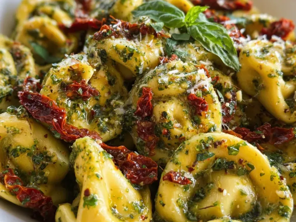 A white bowl of cheese tortellini coated in green basil pesto with sun-dried tomato strips, grated Parmesan, red pepper flakes and a basil sprig