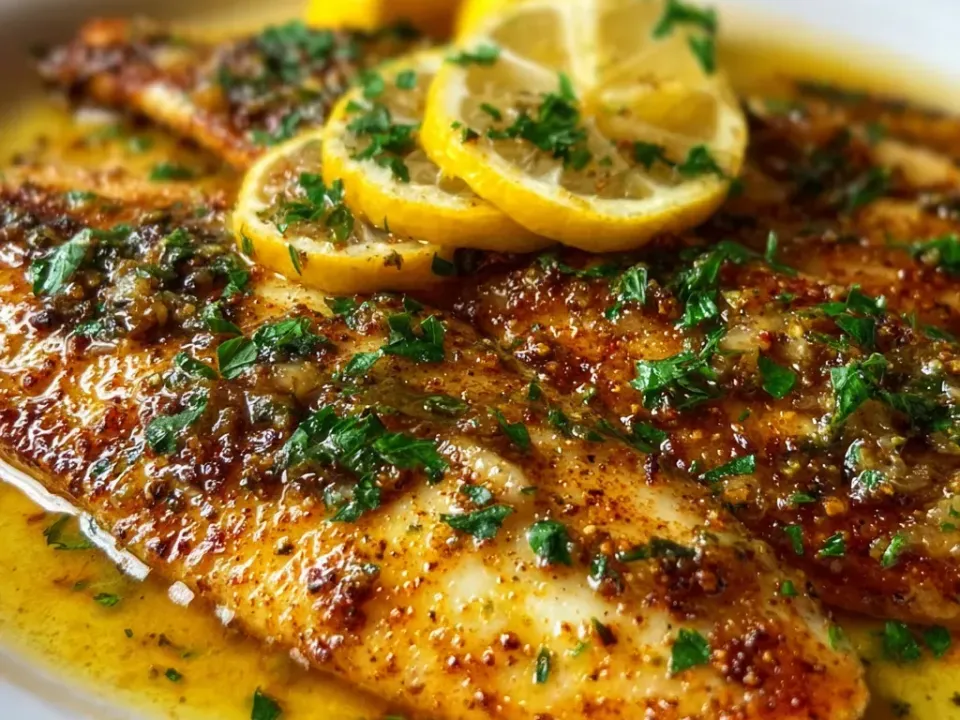 Two golden-brown tilapia fillets on a white plate in a lemon-butter sauce with heavy chopped parsley and softened lemon slices