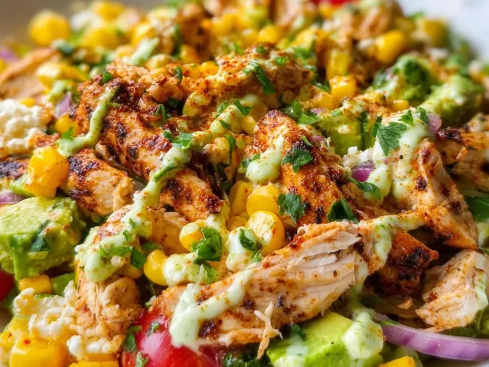 Sliced charred spice-rubbed chicken over sweetcorn, diced avocado, cherry tomatoes, red onion and crumbled white cheese, drizzled with a pale green dressing